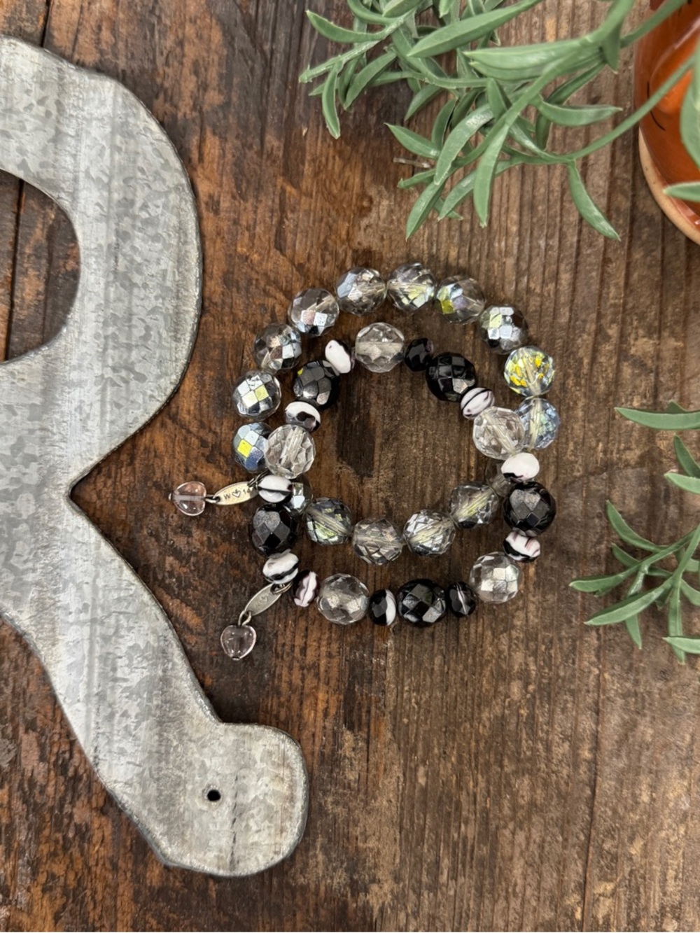 Sabika Black Clear Metallic Silver Faceted Glass Bead Stretch Bracelet Bundle